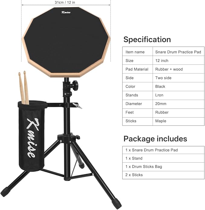 Drum Practice Pad with Iron Drum Stand Set, 12-Inch Silent Practice Pad Kit with Drum Sticks, Drumstick Holder, Suitable for Beginners