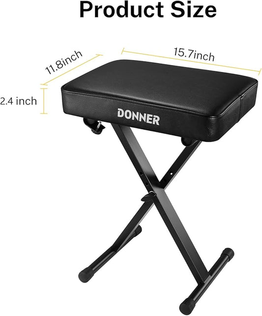 Donner Piano Bench, Adjustable Keyboard Bench Portable Stool Collapsible Chair Foldable Seat X-Style, 2.4 Inch Thickness High-Density Sponge Padded, Non-Skid Design, Black