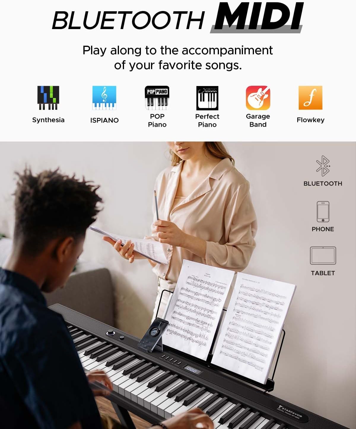 Starfavor 88 Key Piano Keyboard, Compact Bluetooth Digital Piano with Full-size Semi Weighted 88 Keys, Budget Electric Keyboard Piano with Stand, Piano Pedal, Carrying Bag, Recording/MIDI/USB, Black
