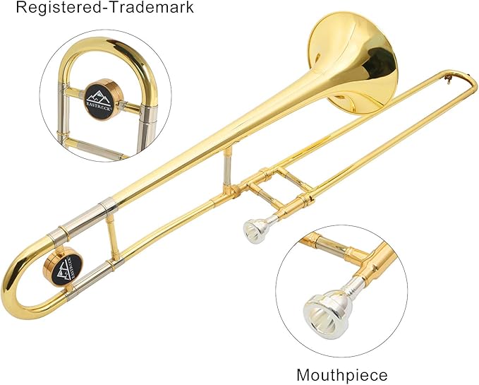 EASTROCK Bb Tenor Slide Trombone Brass Musical Instrument with Hard Case,Mouthpiece,Gloves,Cleaning Cloth for Professional Player Beginners Students, Large Bell(9.25"/235 mm),GOLD