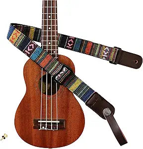 Classic Country style Soft Yarn-dyed fabric & Genuine Leather Ukulele Strap Ukulele Shoulder Strap Version 2.0 With a MUSIC FIRST Genuine Leather Strap Locker