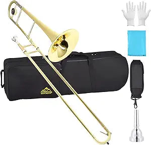 EASTROCK Bb Tenor Slide Trombone Brass Musical Instrument with Hard Case,Mouthpiece,Gloves,Cleaning Cloth for Professional Player Beginners Students, Large Bell(9.25"/235 mm),GOLD