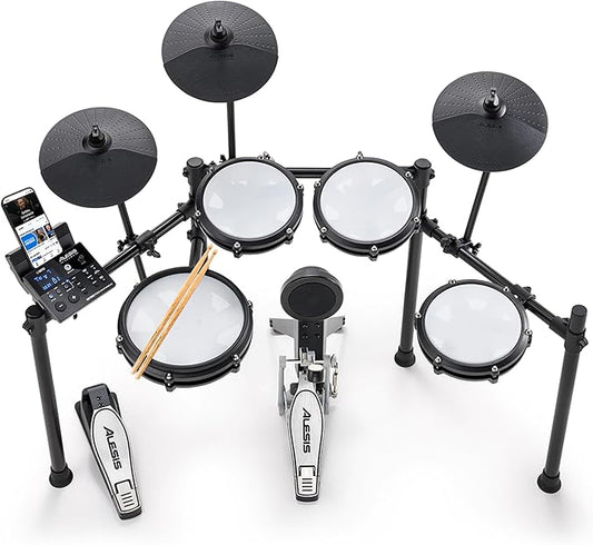 Alesis Nitro Max Kit Electric Drum Set with Quiet Mesh Pads, 10" Dual Zone Snare, Bluetooth, 440+ Authentic Sounds, Drumeo, USB MIDI, Kick Pedal