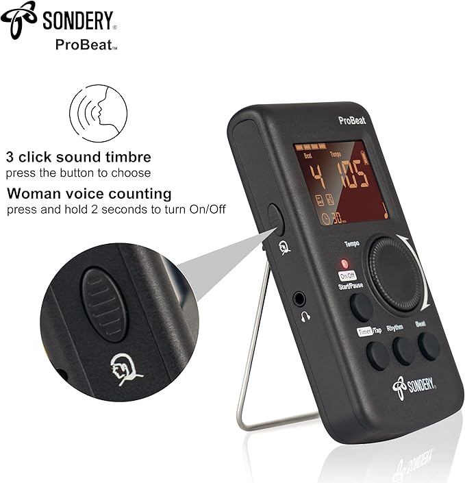 Sondery Digital Metronome for Guitar Piano Drum and All Instruments with Timer, English Vocal Counting and 3 Different Sounds with Earphone Jack and Flashing Light, Loud Volume, Rechargeable