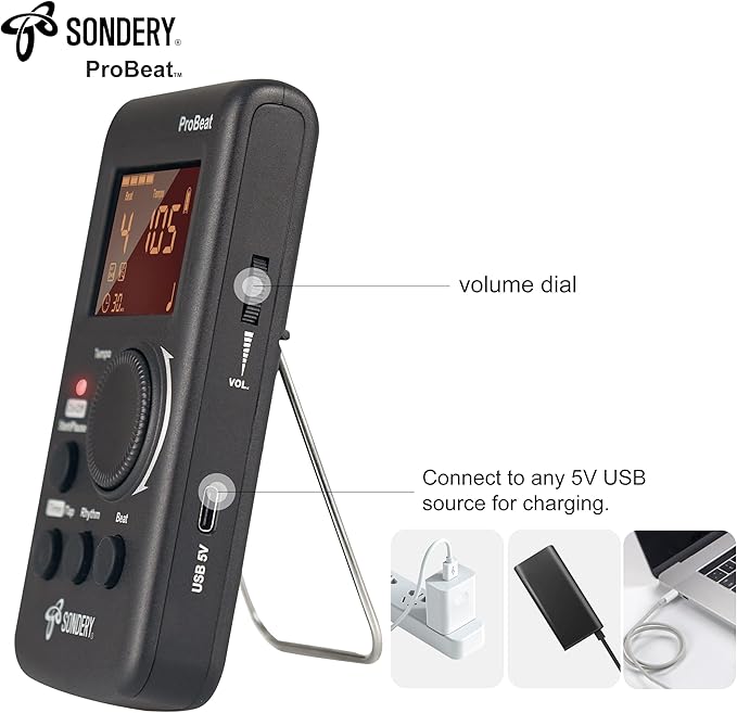 Sondery Digital Metronome for Guitar Piano Drum and All Instruments with Timer, English Vocal Counting and 3 Different Sounds with Earphone Jack and Flashing Light, Loud Volume, Rechargeable