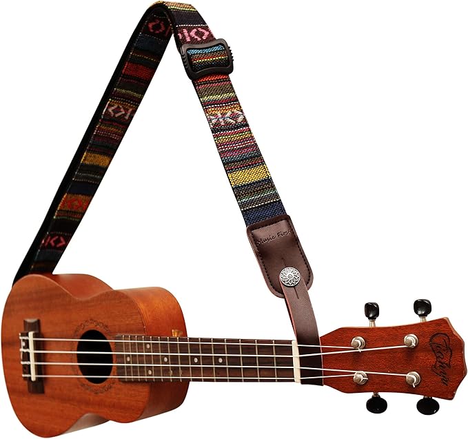 Classic Country style Soft Yarn-dyed fabric & Genuine Leather Ukulele Strap Ukulele Shoulder Strap Version 2.0 With a MUSIC FIRST Genuine Leather Strap Locker