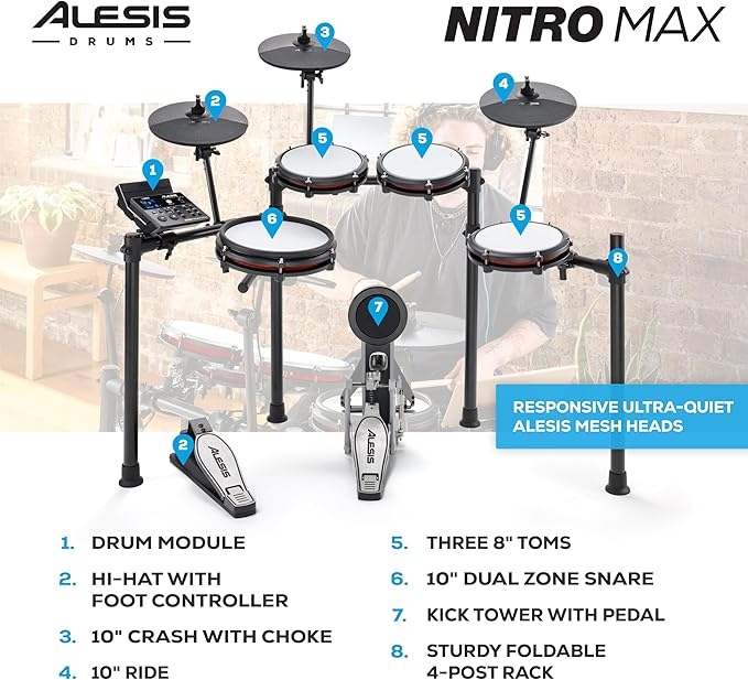 Alesis Nitro Max Kit Electric Drum Set with Quiet Mesh Pads, 10" Dual Zone Snare, Bluetooth, 440+ Authentic Sounds, Drumeo, USB MIDI, Kick Pedal