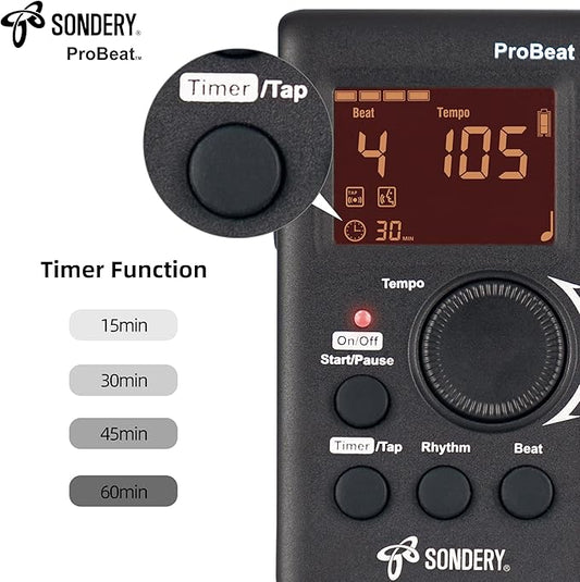 Sondery Digital Metronome for Guitar Piano Drum and All Instruments with Timer, English Vocal Counting and 3 Different Sounds with Earphone Jack and Flashing Light, Loud Volume, Rechargeable