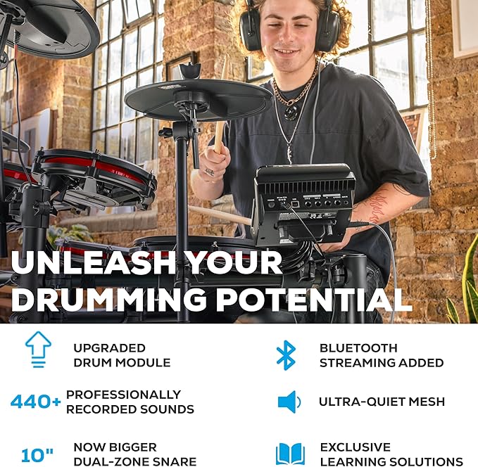 Alesis Nitro Max Kit Electric Drum Set with Quiet Mesh Pads, 10" Dual Zone Snare, Bluetooth, 440+ Authentic Sounds, Drumeo, USB MIDI, Kick Pedal