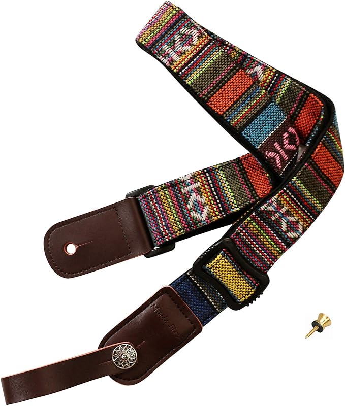Classic Country style Soft Yarn-dyed fabric & Genuine Leather Ukulele Strap Ukulele Shoulder Strap Version 2.0 With a MUSIC FIRST Genuine Leather Strap Locker